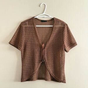 Vintage Brown Crotchet Short Sleeve Tie Front Cardigan – Size Medium EUC